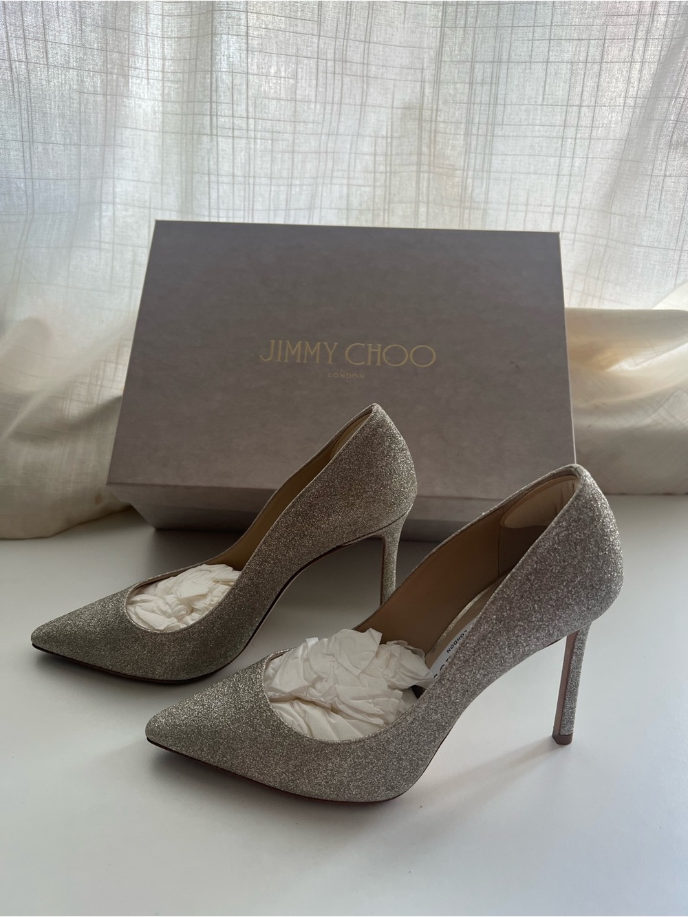 Jimmy Choo Silver Glitter Pointed Toe Pumps